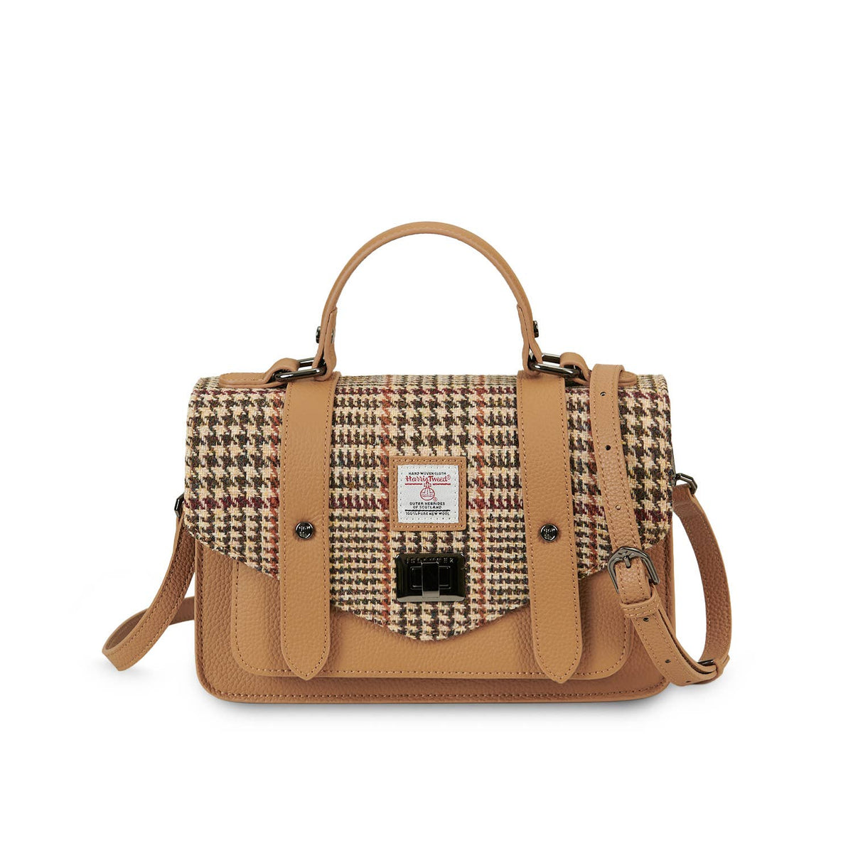 Islander Medium-Satchel mit beigem Harris-Tweed-Muster und Echtleder in Hellbraun