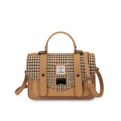 Islander Medium-Satchel mit beigem Harris-Tweed-Muster und Echtleder in Hellbraun