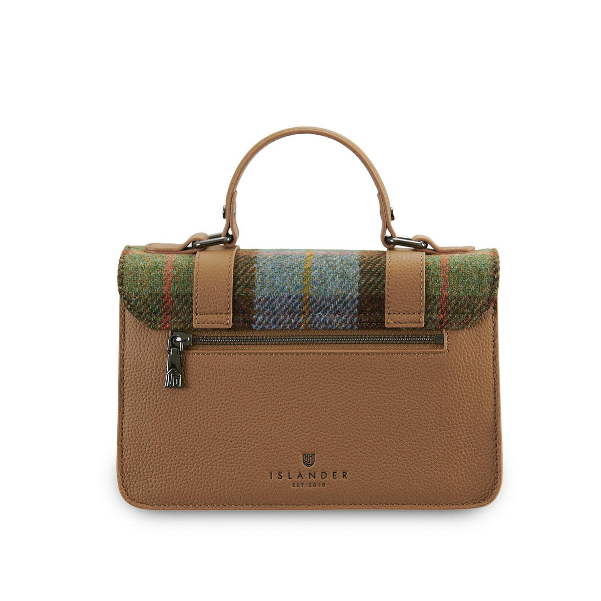 Mittlere Satchel-Tasche mit braunem Lederboden und grün-bunt karierter Harris-Tweed-Abdeckung