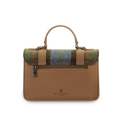Mittlere Satchel-Tasche mit braunem Lederboden und grün-bunt karierter Harris-Tweed-Abdeckung