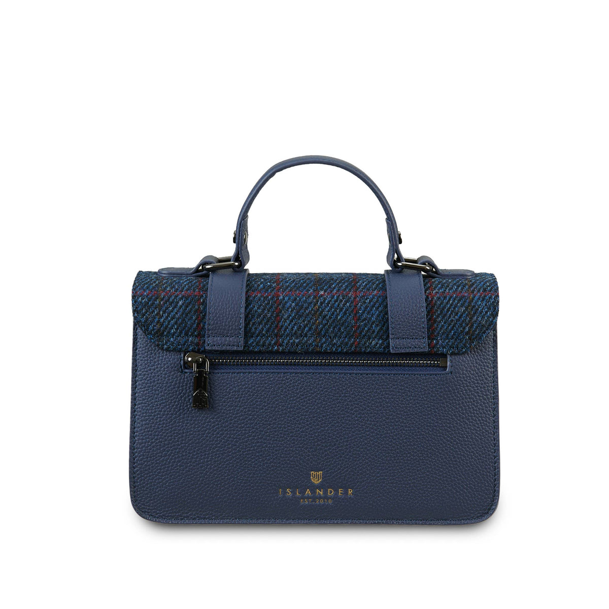 Dunkelblaue Satchel mit Harris-Tweed-Oberteil, Echtlederrahmen und Überschlag