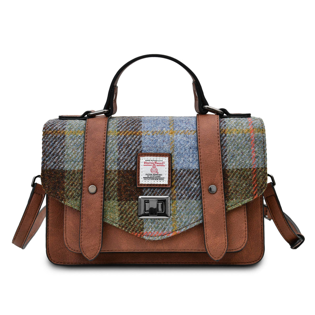 Mittlere Satchel-Tasche aus Harris Tweed im grünen Tartan mit braunen Lederträgern