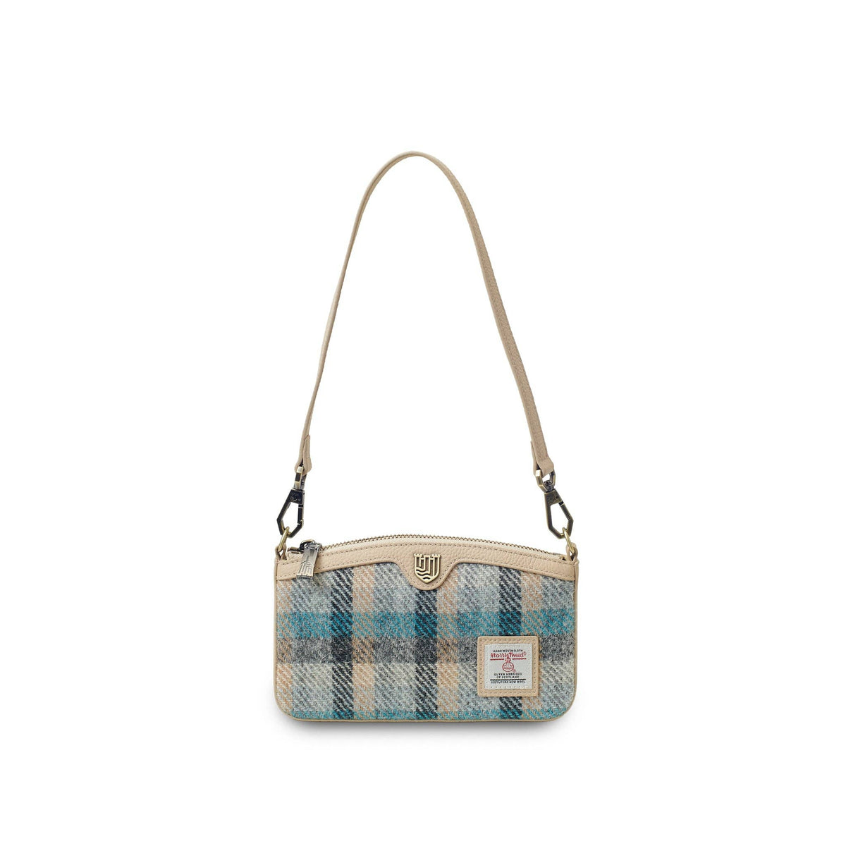 Umhängetasche aus Harris Tweed mit Karomuster in Blau, braunem Echtleder, Reißverschluss