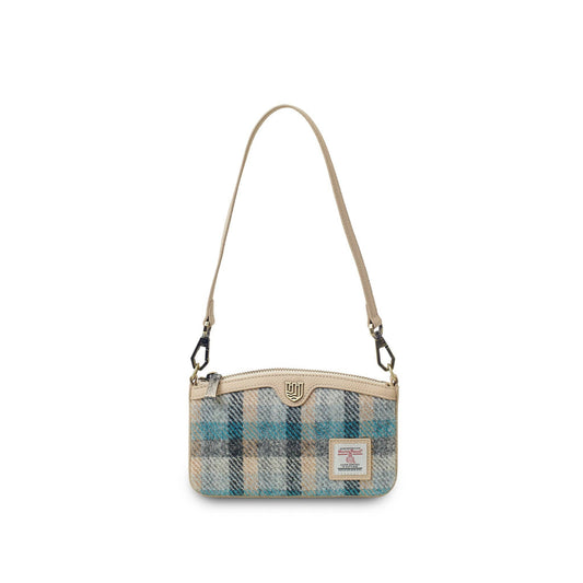Umhängetasche aus Harris Tweed mit Karomuster in Blau, braunem Echtleder, Reißverschluss