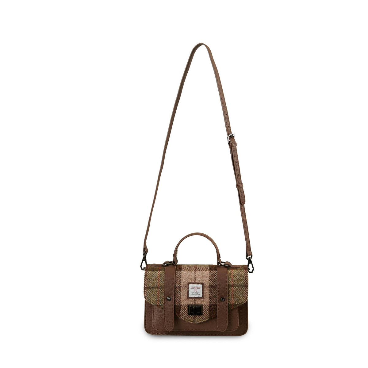 Islander Medium-Satchel auf Schulterriemen mit Harris-Tweed und Echtleder in Braun