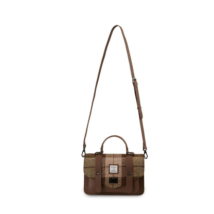 Islander Medium-Satchel auf Schulterriemen mit Harris-Tweed und Echtleder in Braun