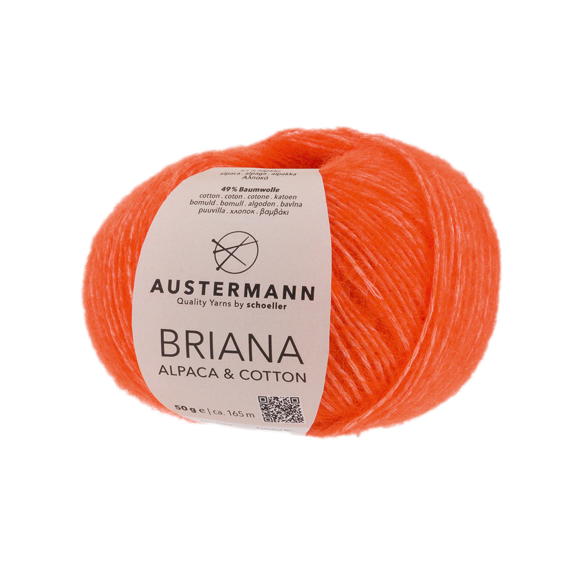 Wollgarnknäuel Austermann mit orangefarbenem Garn, Etikett auf der Wicklung sichtbar