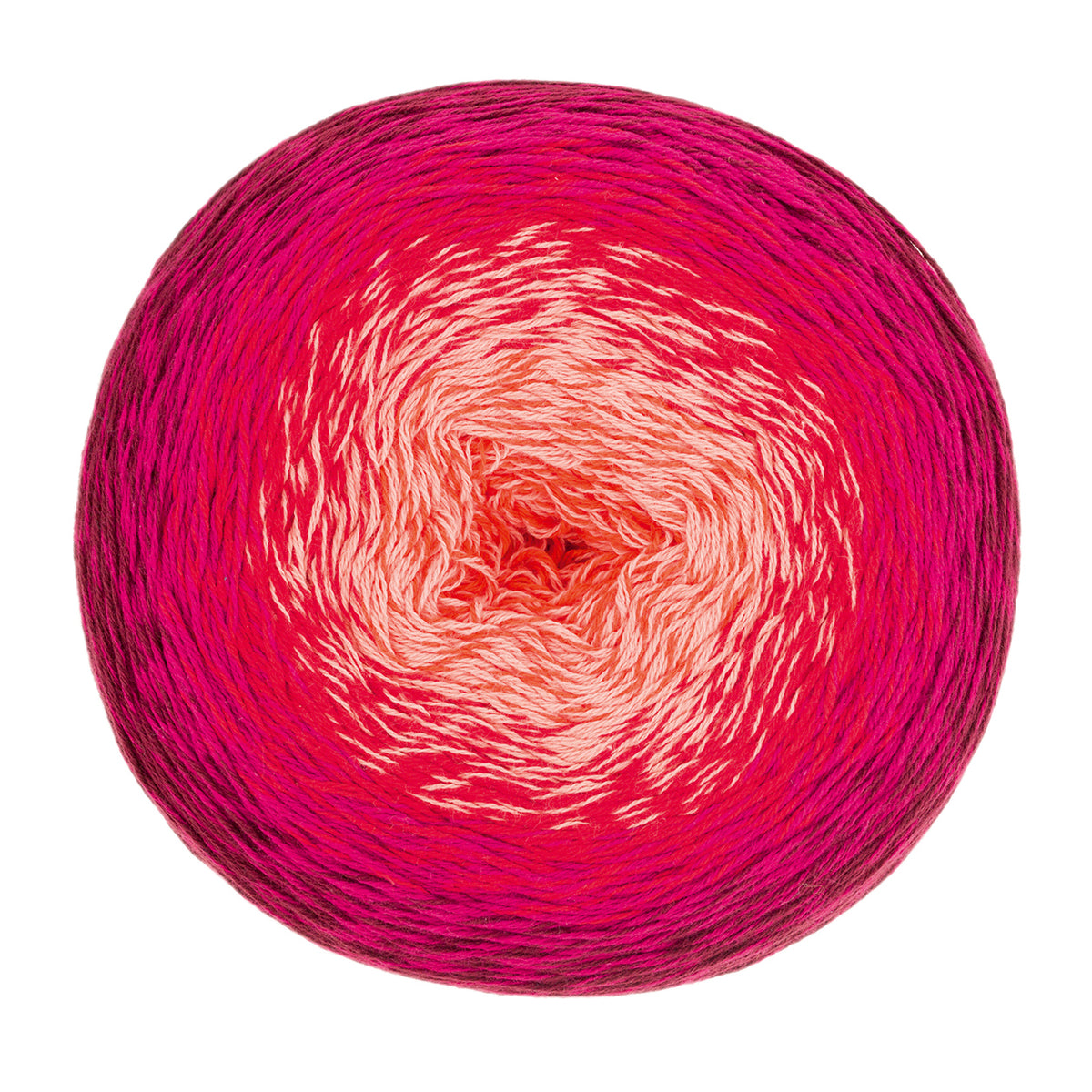 Farbverlaufsgarn-Wollknäuel in Pink, mit korallenrotem und hellem Zentrum