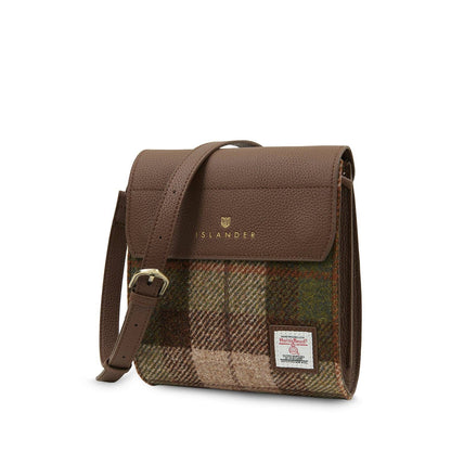 Beuteltasche aus braunem Echtleder mit Tartan-Front, goldfarbener Verschluss und Umhängeriemen