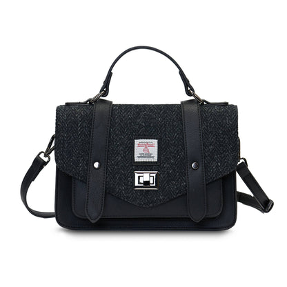 Mittlere Satchel-Tasche aus Harris Tweed in dunklem Fischgrätenmuster mit Umhängegurt