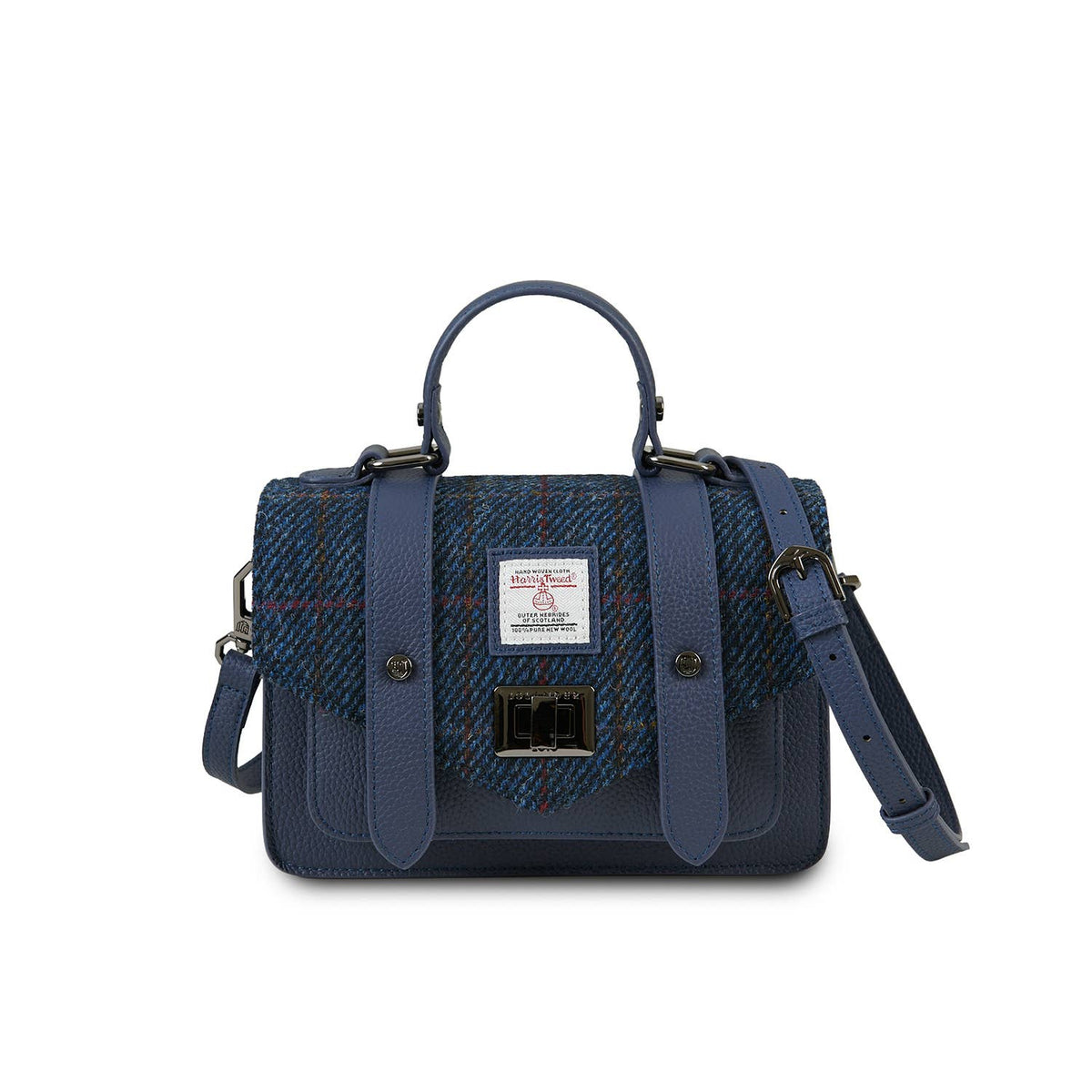 Dunkelblaue Satchel mit Harris-Tweed-Front, Echtleder und abnehmbaren Schulterriemen