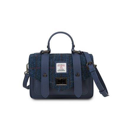 Dunkelblaue Satchel mit Harris-Tweed-Front, Echtleder und abnehmbaren Schulterriemen