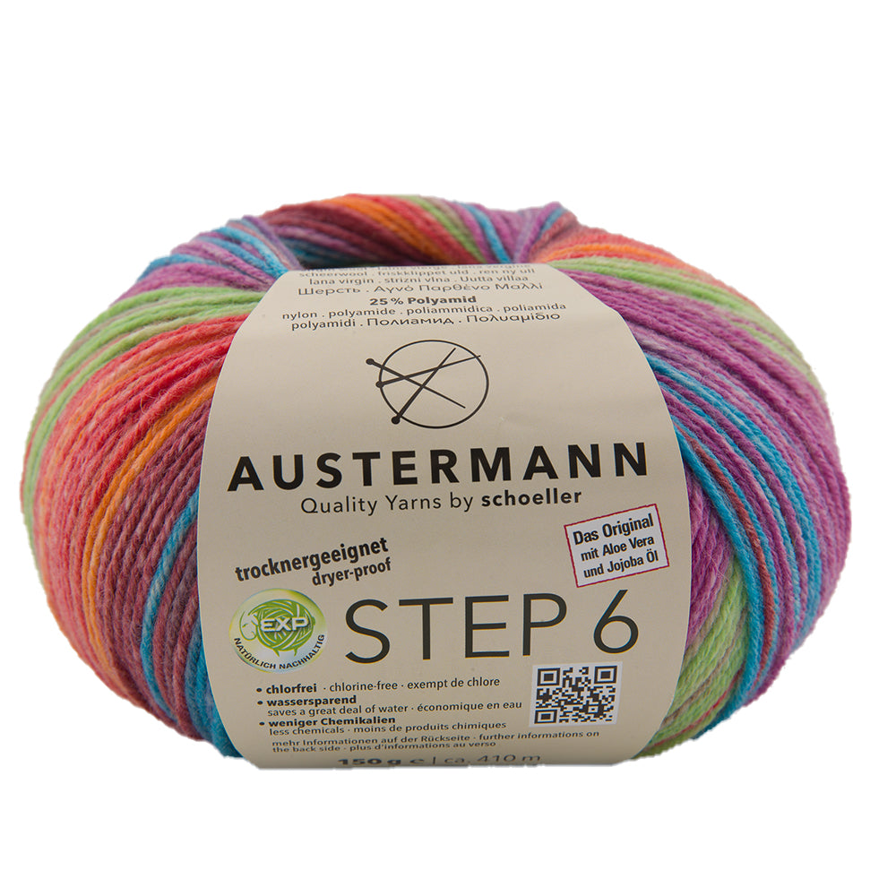 Austermann STEP 6 Sockenwolle, buntes Garn in Regenbogenfarben mit Grün- und Rosétönen