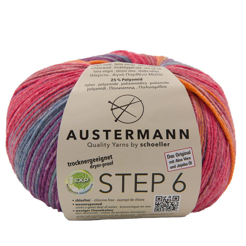 Austermann STEP 6 Sockenwolle, buntes Garn in Rot-, Blau- und Gelbtönen