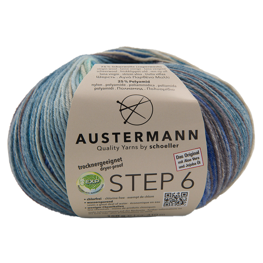Austermann STEP 6 Sockenwolle, buntes Garn in Hellblau-, Braun- und Dunkelblau-Tönen