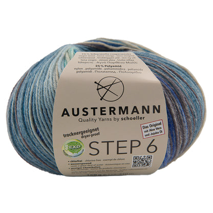Austermann STEP 6 Sockenwolle, buntes Garn in Hellblau-, Braun- und Dunkelblau-Tönen