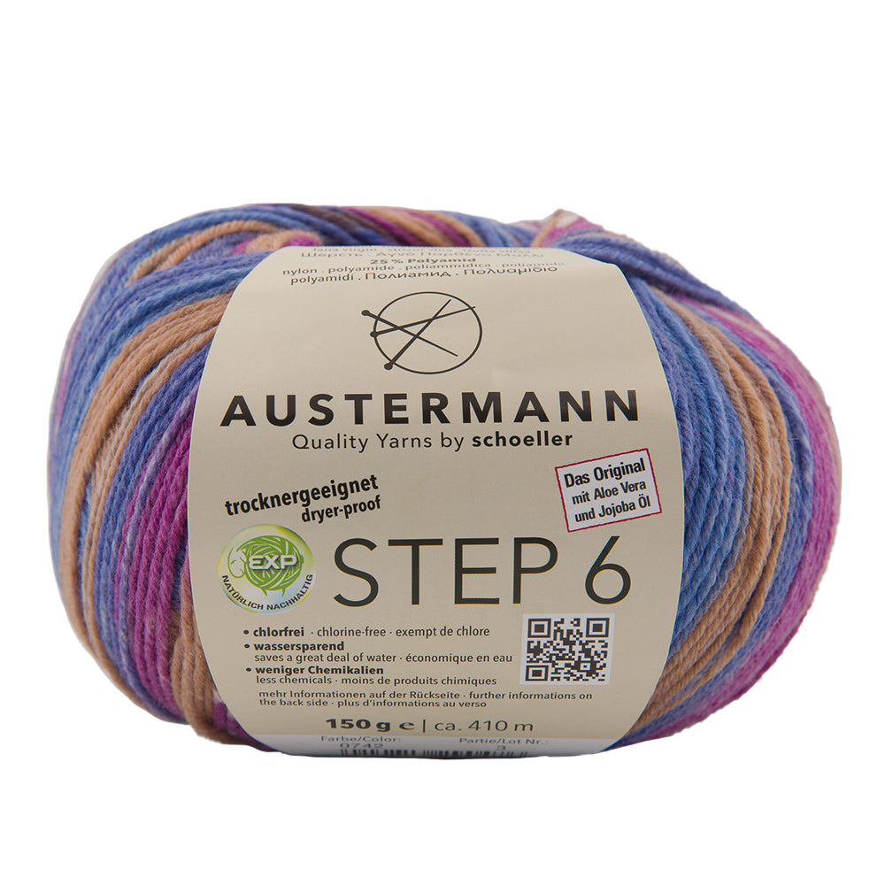 Austermann STEP 6 Sockenwolle, buntes Garn in Blau-, Violett- und Orangetönen