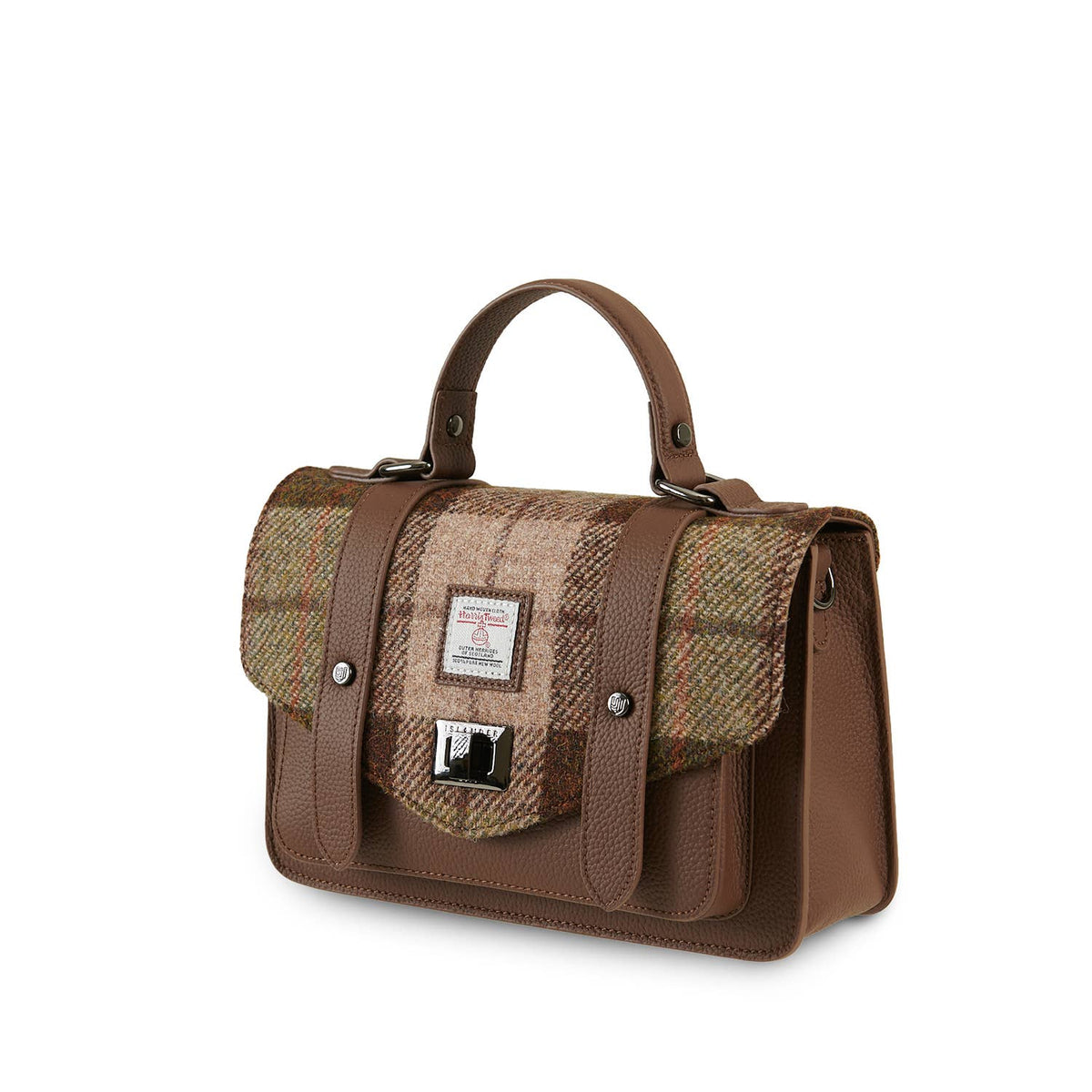 Mittel-Satchel aus Echtleder mit Harris-Tweed-Frontklappe, Griffbügel und Schnalle
