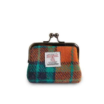 Münzbörse aus Harris Tweed® mit orange-braunem und türkisfarbenem Karo-Farbmix