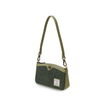 Umhängetasche aus Harris Tweed® mit dunklem Grün-Tweed und beigem Lederbesatz