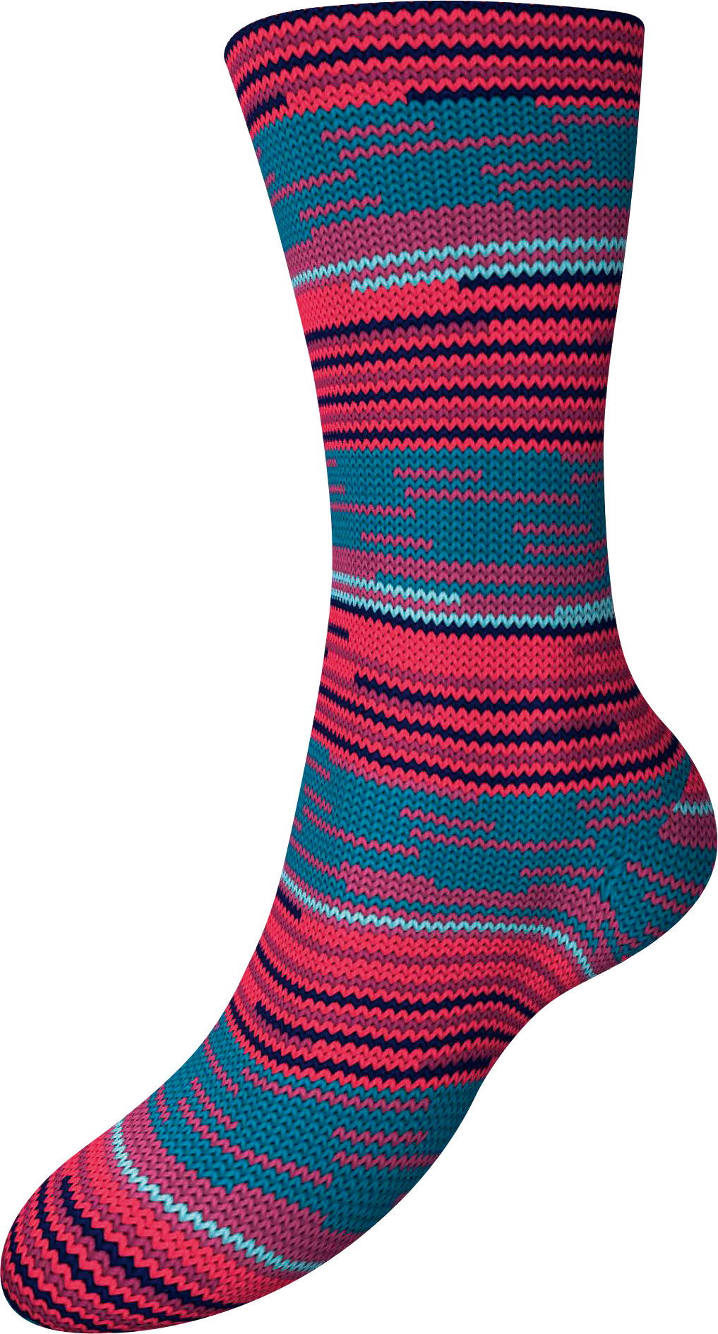 Gesamtsocke aus Sockenwolle mit Streifenmuster in Blau, Pink und Dunkelrot