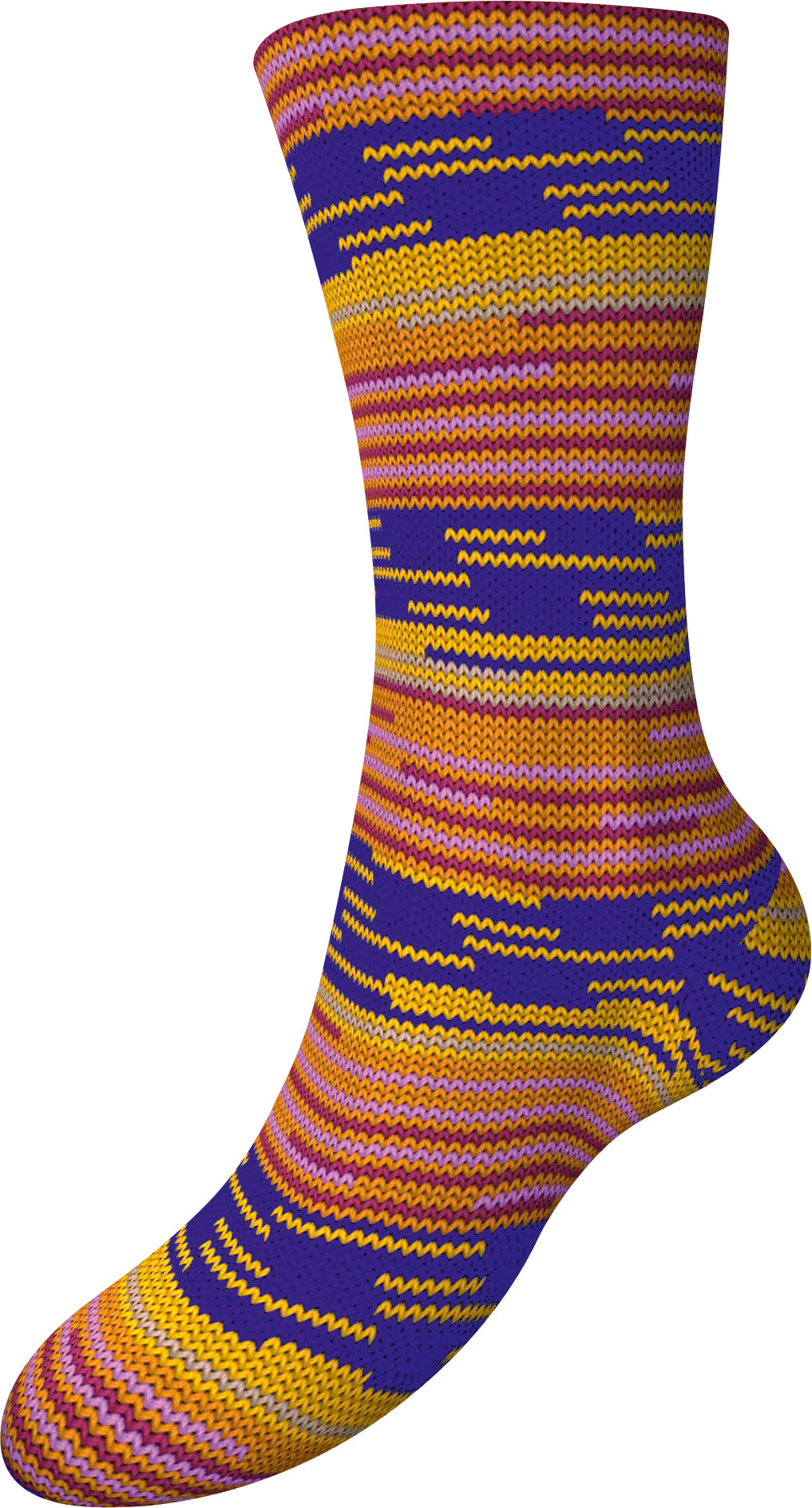 Gesamtsocke aus Sockenwolle mit Streifenmuster in Orange, Gelb und Blau
