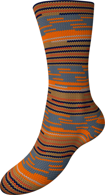 Gesamtsocke aus Sockenwolle mit Streifen in Orange, Schwarz und Blau