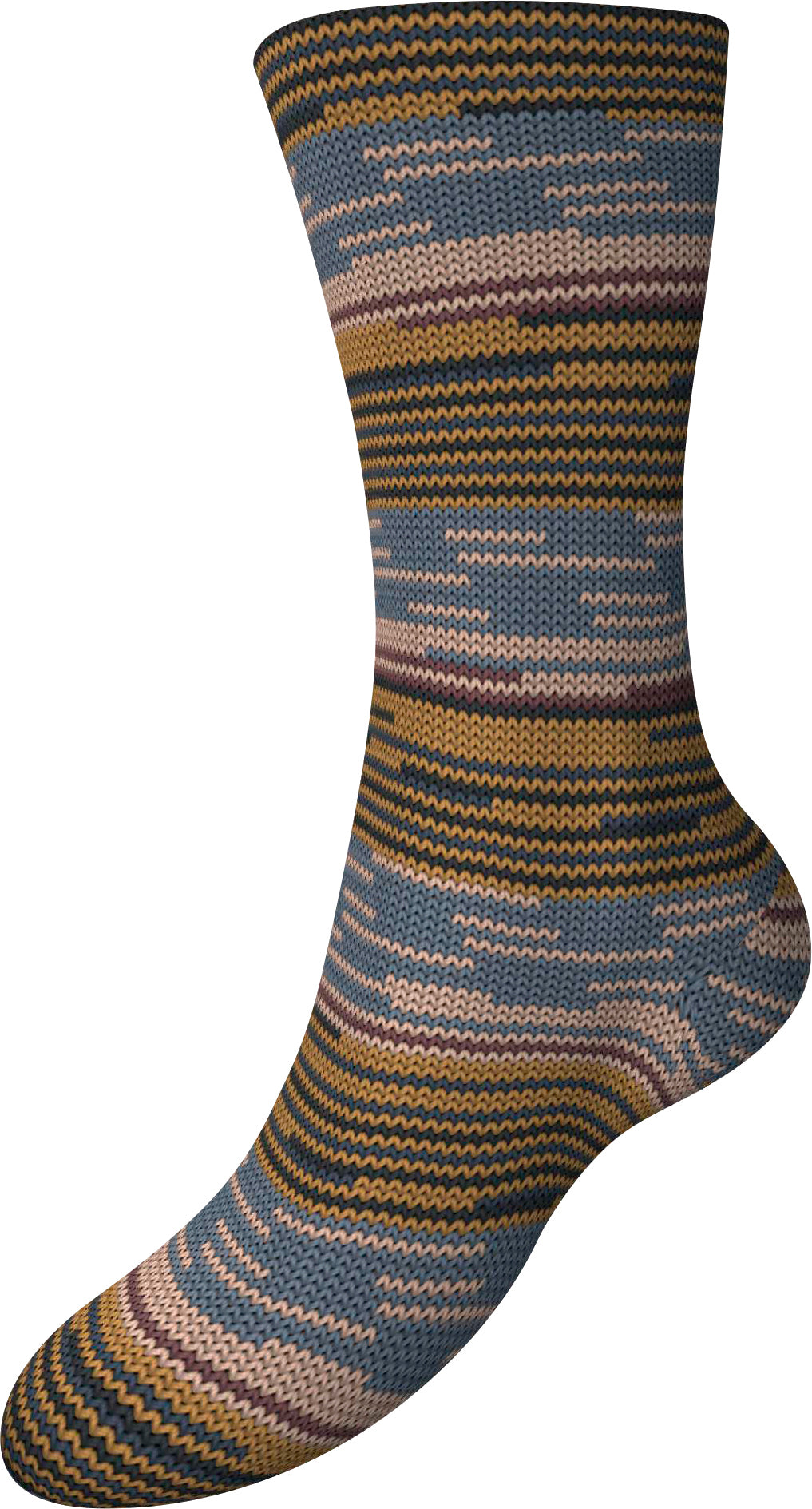 Gesamtsocke aus Sockenwolle mit meliertem Streifenmuster in Braun, Blau und Beige