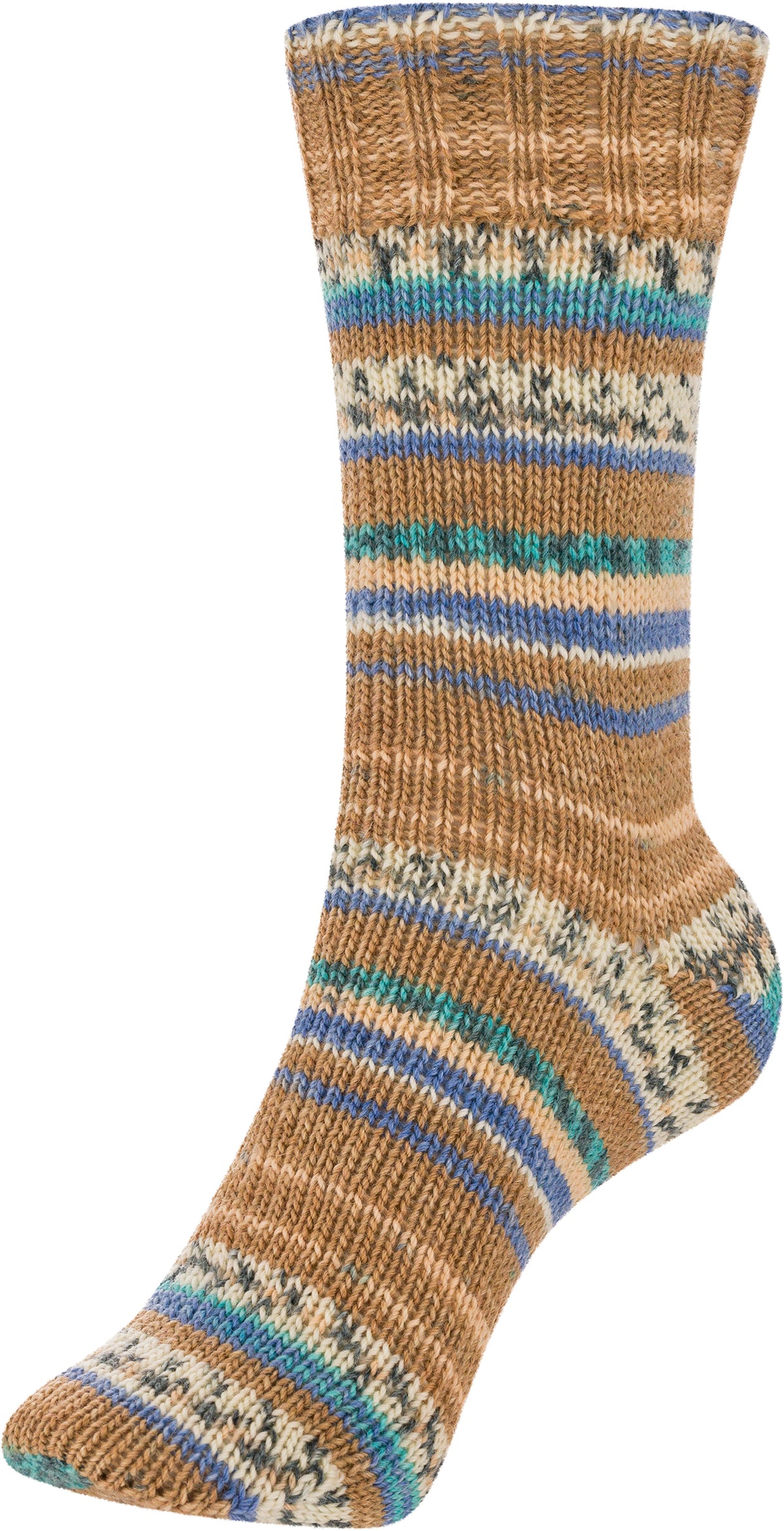 Gesamtsocke aus Sockenwolle mit Streifen in Beige, Braun und Türkis