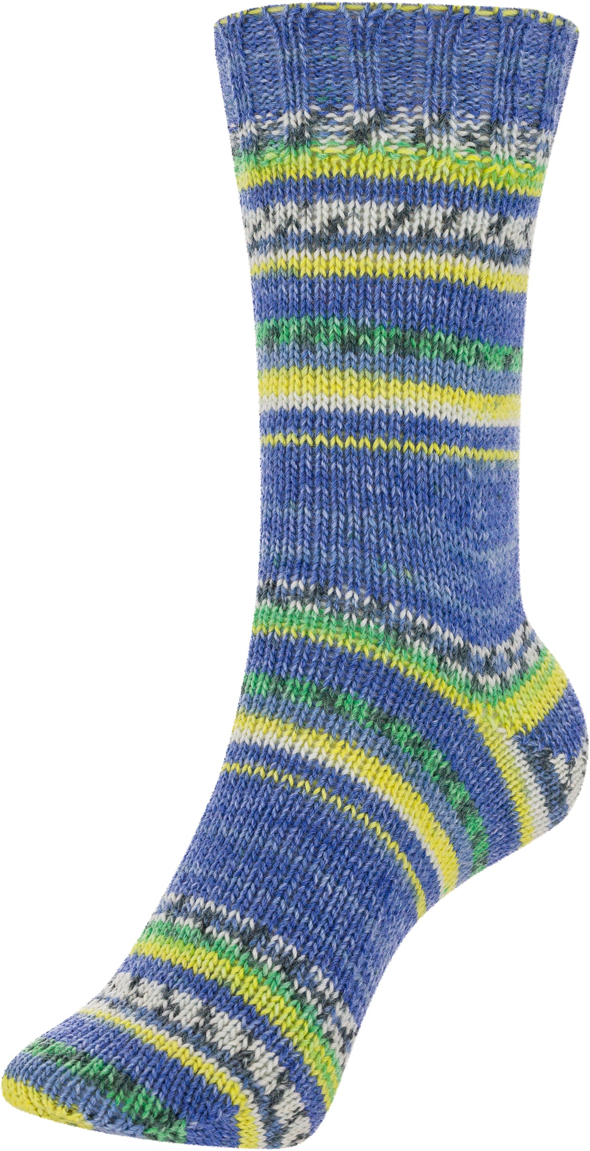 Gesamtsocke aus Sockenwolle mit Streifen in Blau, Grün und Gelb