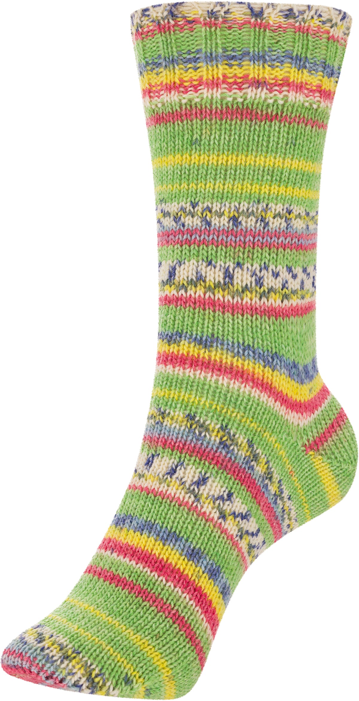 Gesamtsocke aus Sockenwolle mit Streifen in Grün, Gelb und Pink