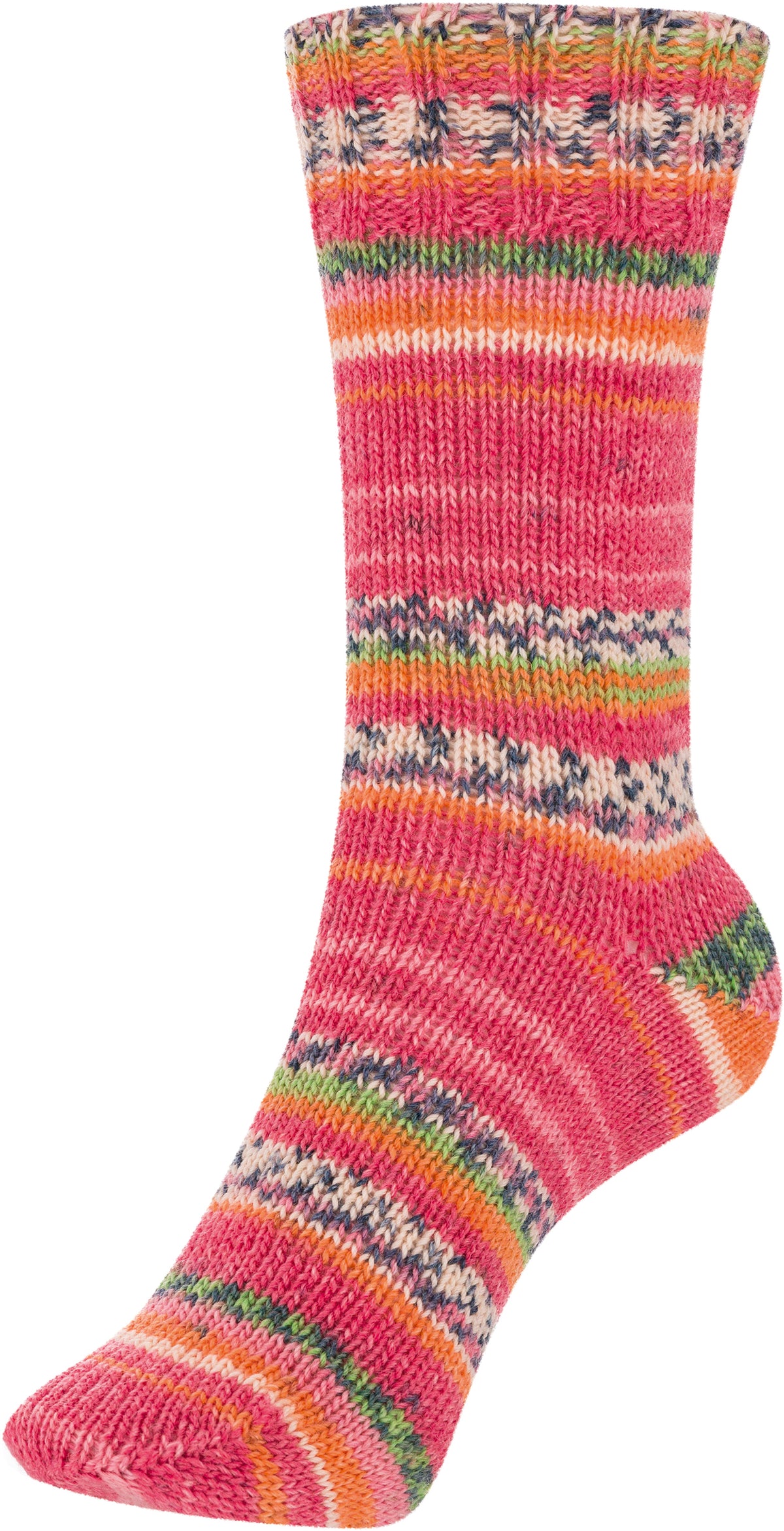 Gesamtsocke aus Sockenwolle mit buntem Regenbogenmuster in Pink und Orange
