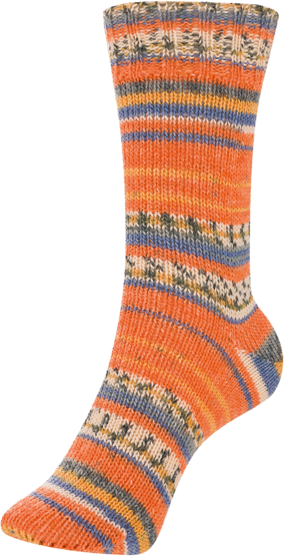 Gesamtsocke aus Sockenwolle mit Streifenmuster in Orange, Blau und Grau