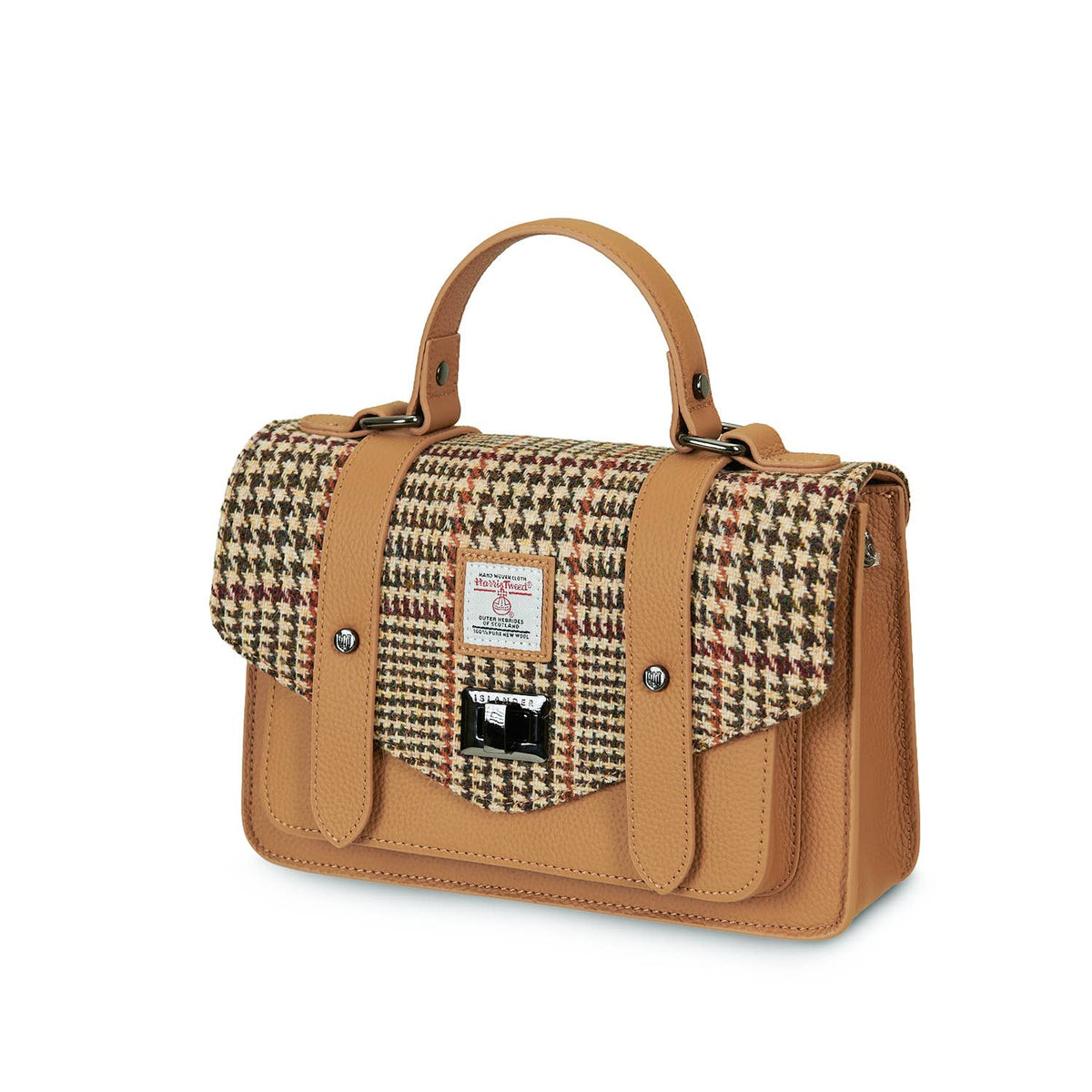 Beige Satchel mit Hahnentritt-Muster, Echtlederriemen und klappbarer Fronttasche