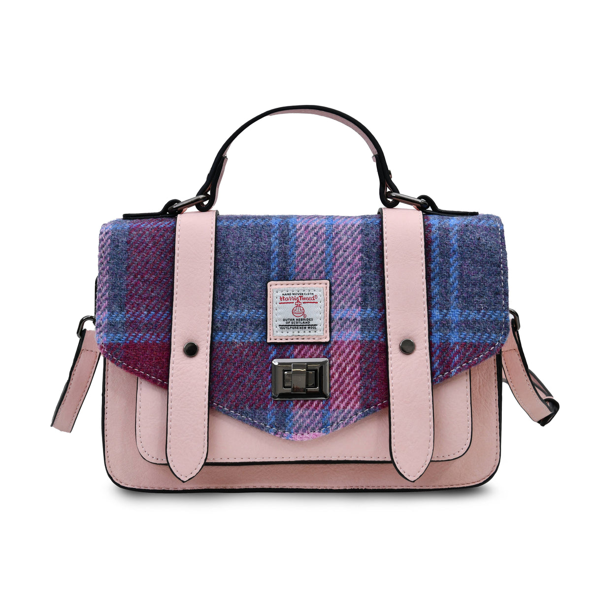 Mittlere Satchel-Tasche aus Harris Tweed im blau-pinkfarbenen Tartan mit Ledergriffen