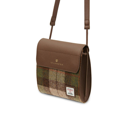 Beuteltasche aus braunem Echtleder mit grün-braunem Harris-Tweed-Front und Umhängeriemen