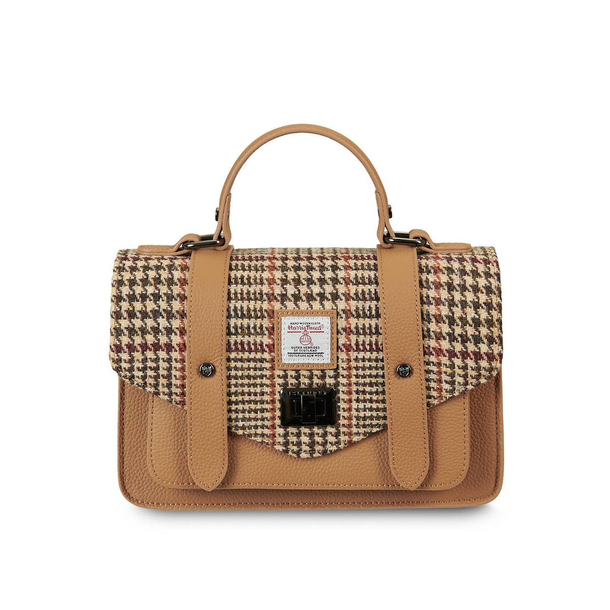Islander Medium-Satchel Vorderansicht: Harris-Tweed Hahnentritt und Echtleder