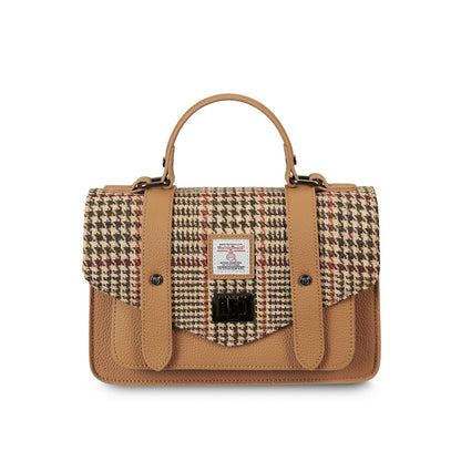 Islander Medium-Satchel Vorderansicht: Harris-Tweed Hahnentritt und Echtleder