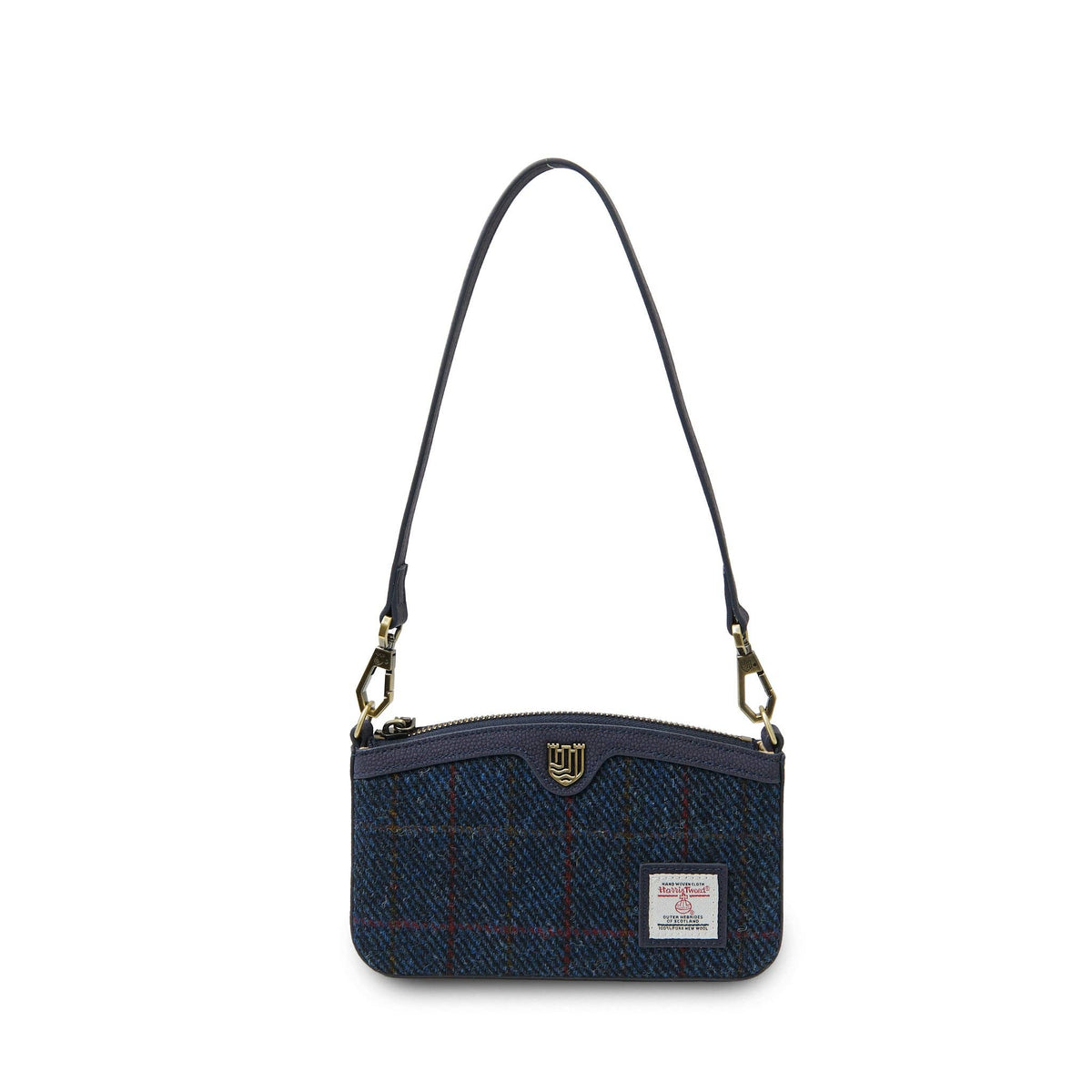 Umhängetasche aus Harris Tweed mit Fischgrätmuster in Dunkelblau, Echtlederriemen, Reißverschluss