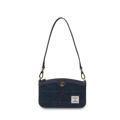 Umhängetasche aus Harris Tweed mit Fischgrätmuster in Dunkelblau, Echtlederriemen, Reißverschluss