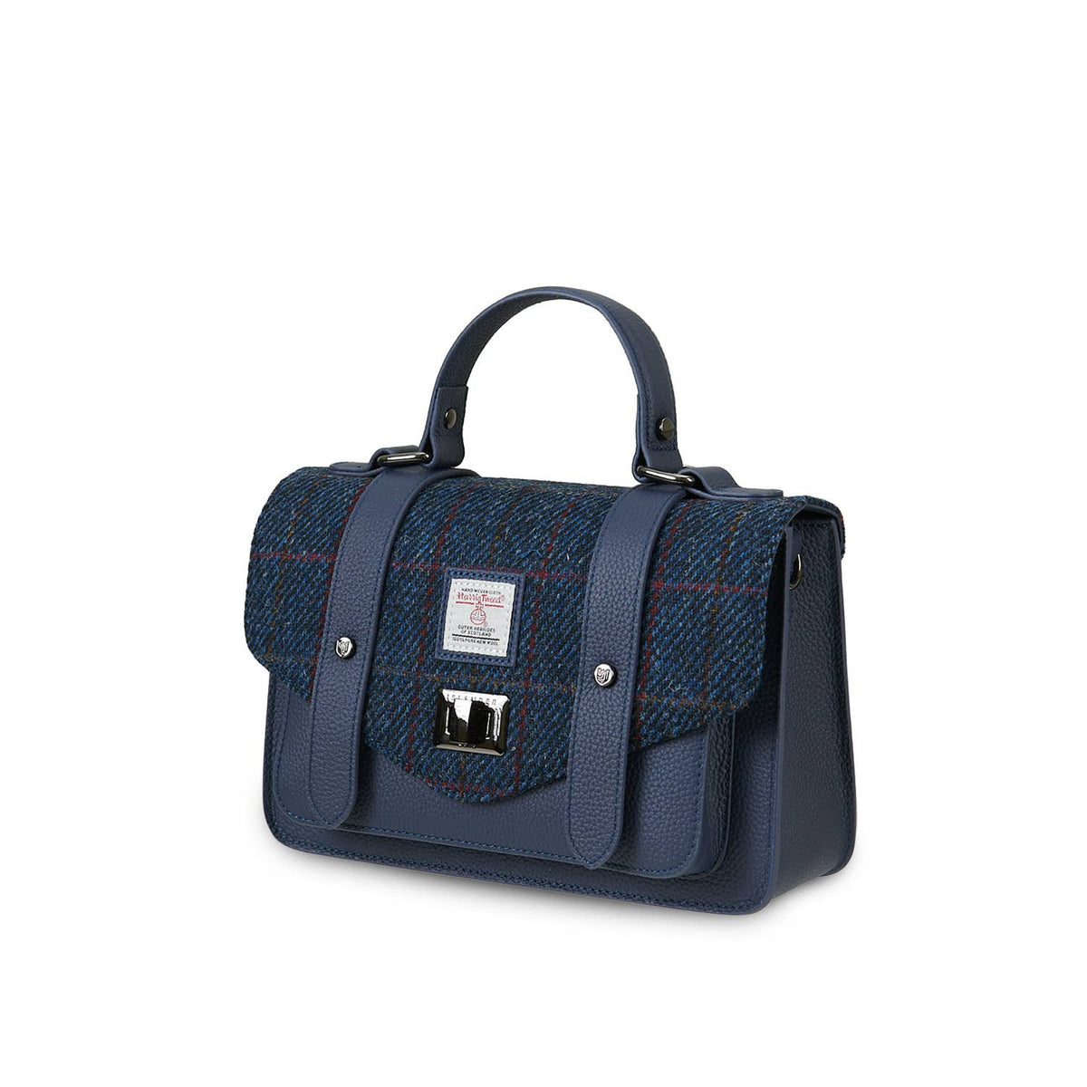 Dunkelblaue Satchel mit Harris-Tweed-Muster, Echtlederriemen und Metallverschluss