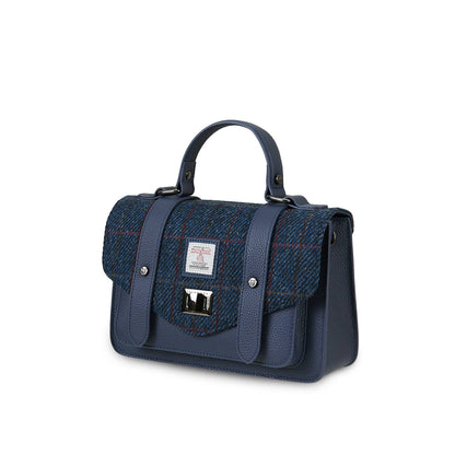 Dunkelblaue Satchel mit Harris-Tweed-Muster, Echtlederriemen und Metallverschluss