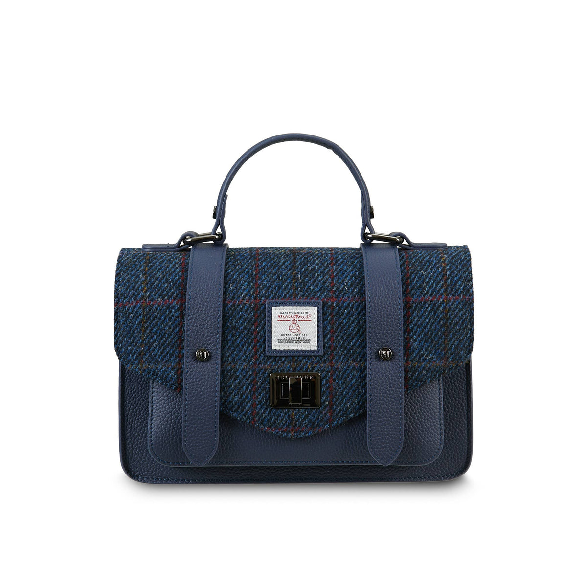 Dunkelblaue Satchel mit Harris-Tweed-Front, Echtleder-Details und kurzem Tragegriff