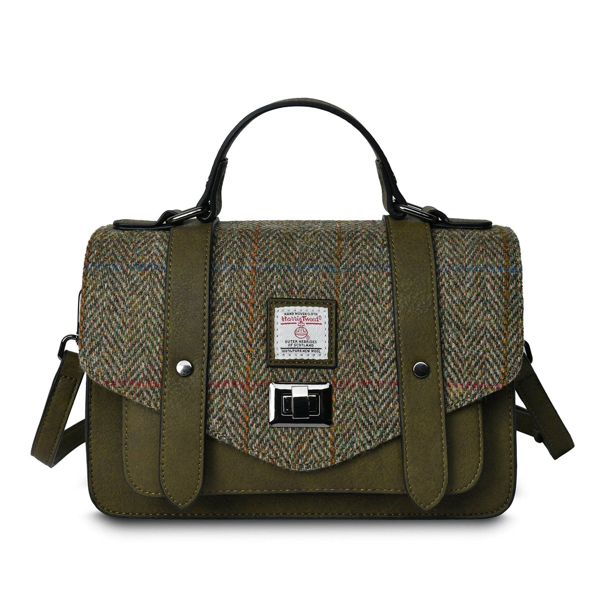 Große Harris-Tweed-Satchel-Tasche mit Fischgrätmuster und Ledergriffen, dunkelbraun