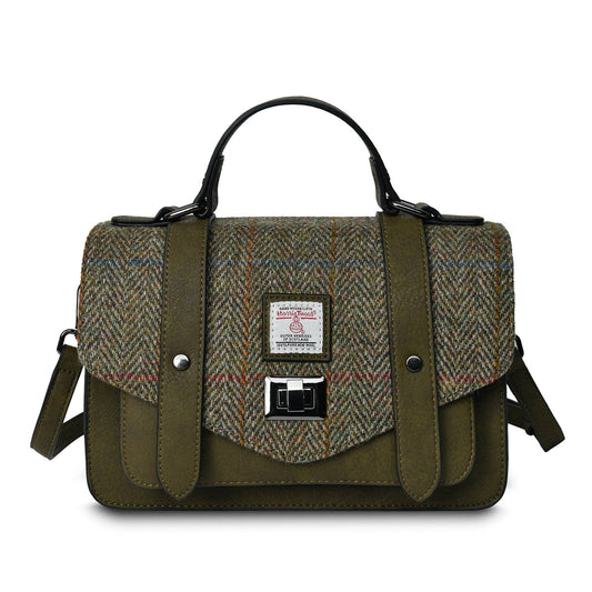 Große Harris-Tweed-Satchel-Tasche mit Fischgrätmuster und Ledergriffen, dunkelbraun