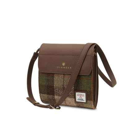 Beuteltasche aus Echtleder mit braunem Tartan, breitem Umhängegurt und Klappdeckel