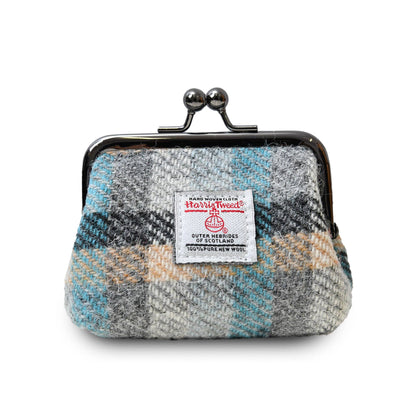 Münzbörse aus Harris Tweed® mit hellgrau-blauem Muster und Metallbügel-Verschluss