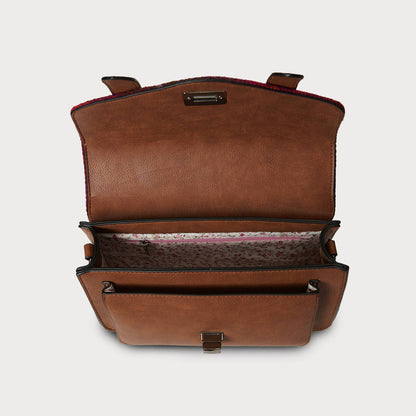 Braune Satchel-Tasche mit geöffnetem Innenfach und Drehverschluss, Lederoberseite und Tragebügeln