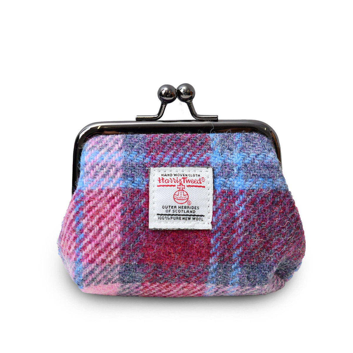 Münzbörse aus Harris Tweed® mit pink-blauem Karomuster und Metallbügel-Verschluss