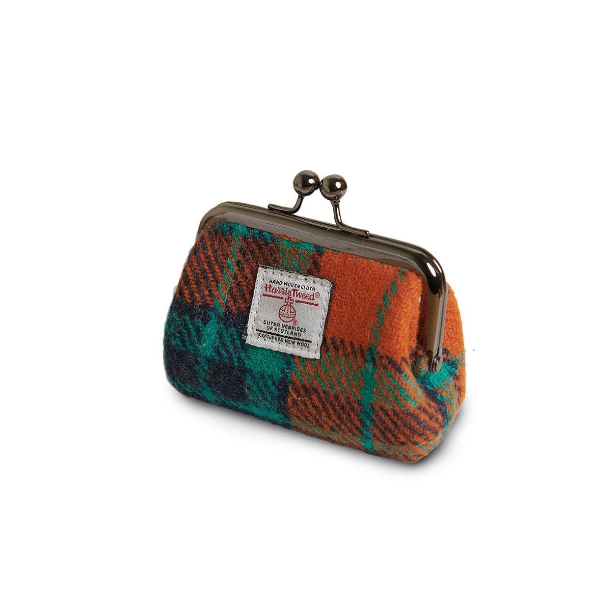 Münzbörse aus Harris Tweed® mit Bügelverschluss, mehrfarbiges Tartanmuster in Orange und Grün